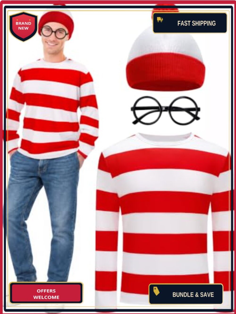 Men's Halloween Costume Set Striped Shirt Hat Glasses Cosplay